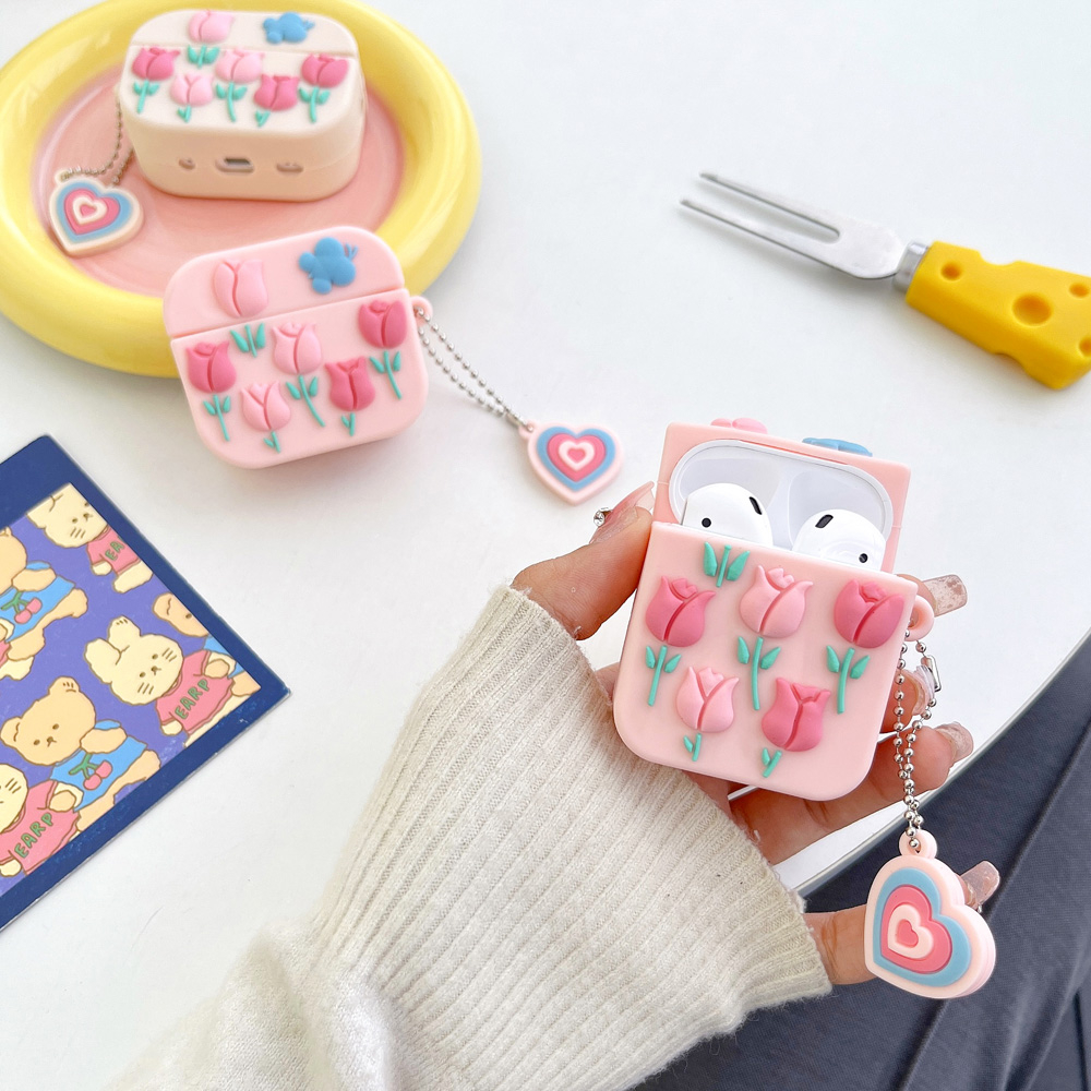 Vỏ Bảo Vệ Hộp Sạc Tai Nghe AirPods 1 2 3 pro 2 Bằng Silicon Hình Hoa Tulip 3D Dễ Thương