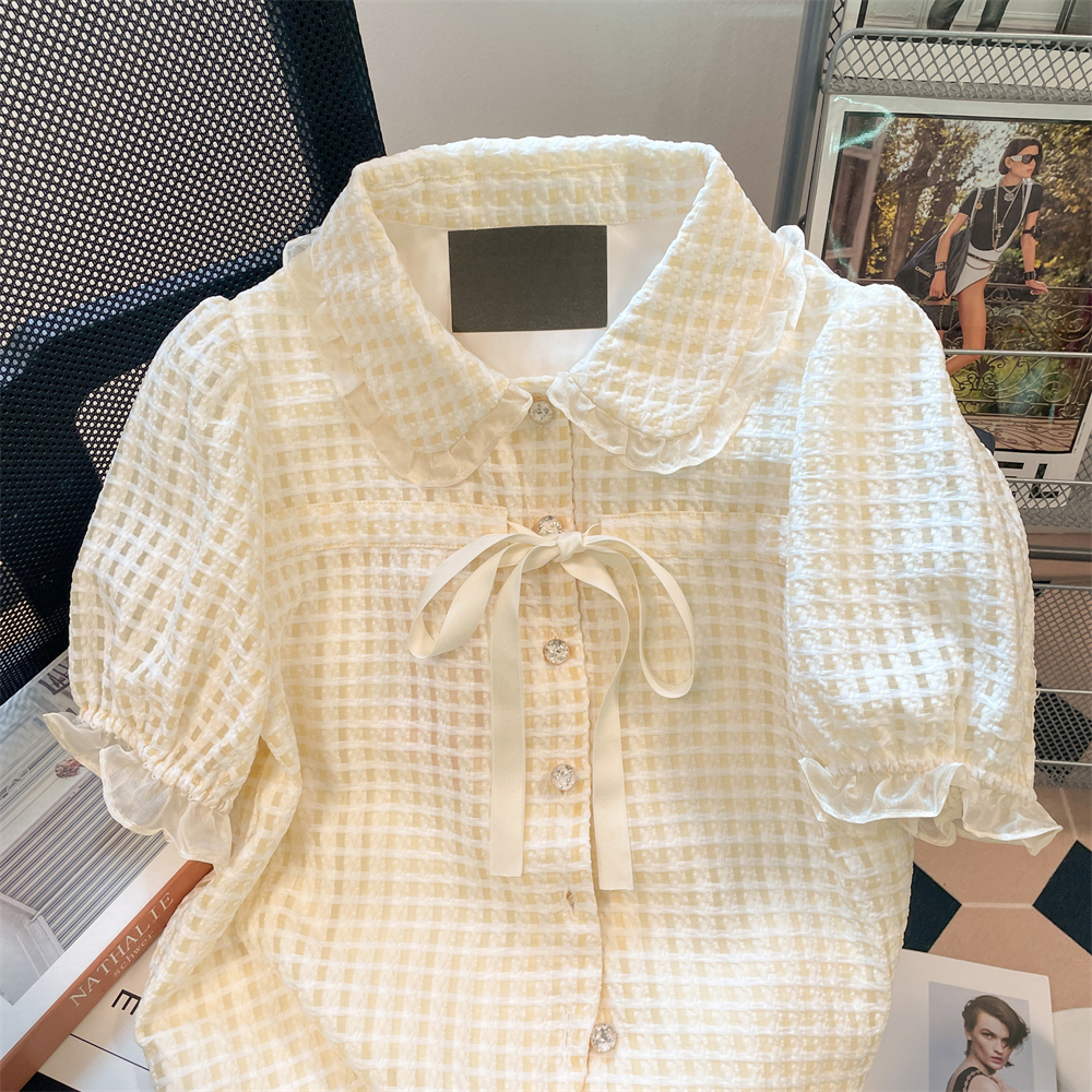 Áo Sơ Mi Tay Ngắn Cổ Búp Bê Họa Tiết Sọc Caro Phong Cách Pháp Thời Trang Mùa Hè Cho Nữ