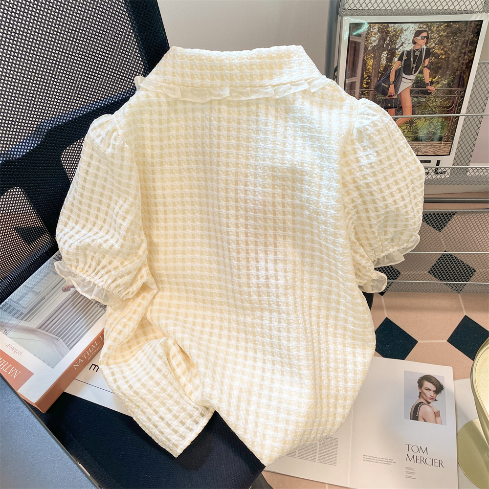 Áo Sơ Mi Tay Ngắn Cổ Búp Bê Họa Tiết Sọc Caro Phong Cách Pháp Thời Trang Mùa Hè Cho Nữ
