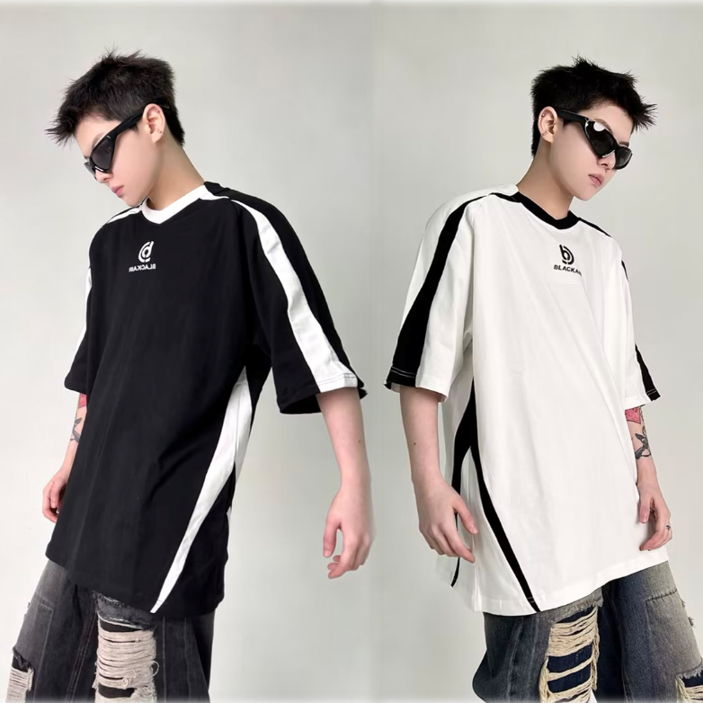 Áo Thun Tay Ngắn Dáng Rộng Màu Sắc Tương Phản Phong Cách Retro Dành Cho Nữ