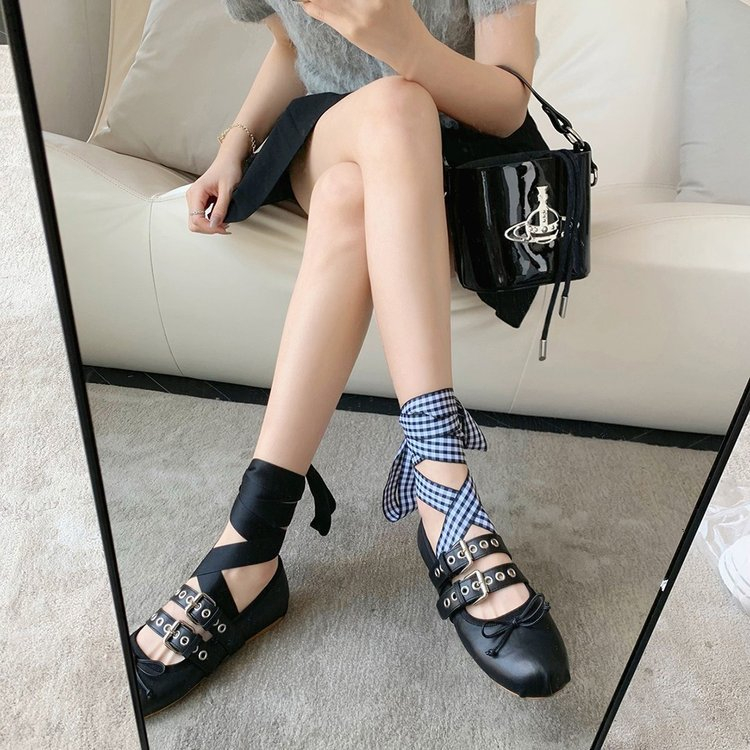 Giày Múa Ba Lê Mũi Tròn Thắt Dây Thắt Nơ Phong Cách Retro Pháp Hàng Mới Dành Cho Bạn Nữ
