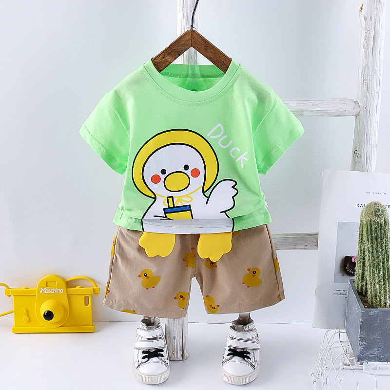 Set Đồ Mùa Hè 2 Món Gồm Áo Thun Tay Cộc In Hình Vịt Hoạt Hình + Quần Dài Phong Cách Thể Thao Cho Bé Trai