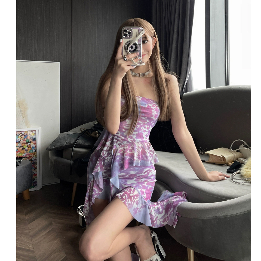 Set Đồ Mùa Hè 2 Món Gồm Áo Ống Không Dây In Họa Tiết Hợp Thời Trang + Chân Váy Ngắn Mini Có Diềm Xếp Nếp Cho Nữ