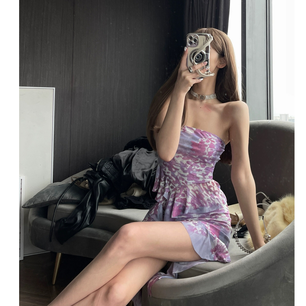 Set Đồ Mùa Hè 2 Món Gồm Áo Ống Không Dây In Họa Tiết Hợp Thời Trang + Chân Váy Ngắn Mini Có Diềm Xếp Nếp Cho Nữ