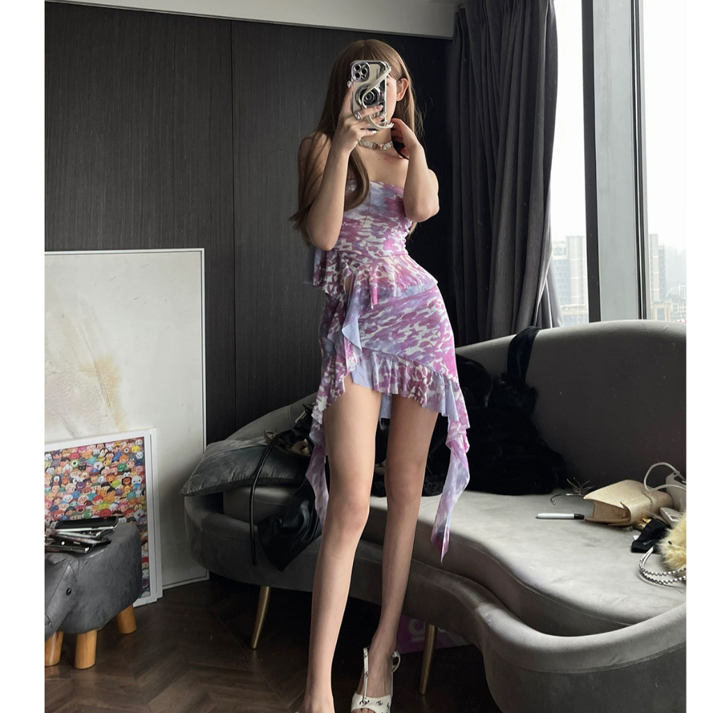 Set Đồ Mùa Hè 2 Món Gồm Áo Ống Không Dây In Họa Tiết Hợp Thời Trang + Chân Váy Ngắn Mini Có Diềm Xếp Nếp Cho Nữ