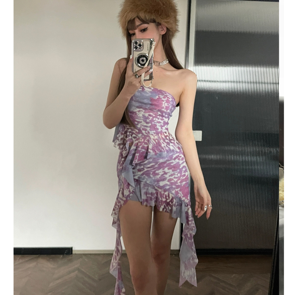 Set Đồ Mùa Hè 2 Món Gồm Áo Ống Không Dây In Họa Tiết Hợp Thời Trang + Chân Váy Ngắn Mini Có Diềm Xếp Nếp Cho Nữ