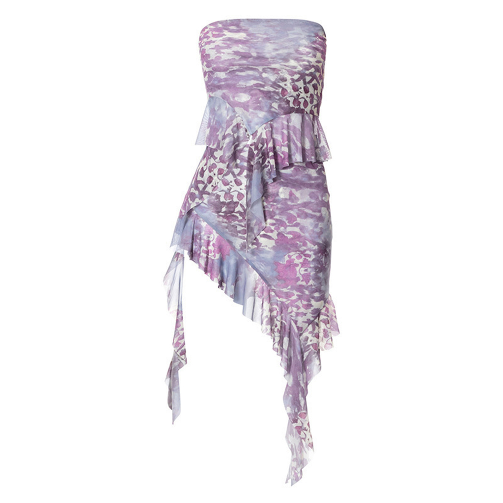 Set Đồ Mùa Hè 2 Món Gồm Áo Ống Không Dây In Họa Tiết Hợp Thời Trang + Chân Váy Ngắn Mini Có Diềm Xếp Nếp Cho Nữ