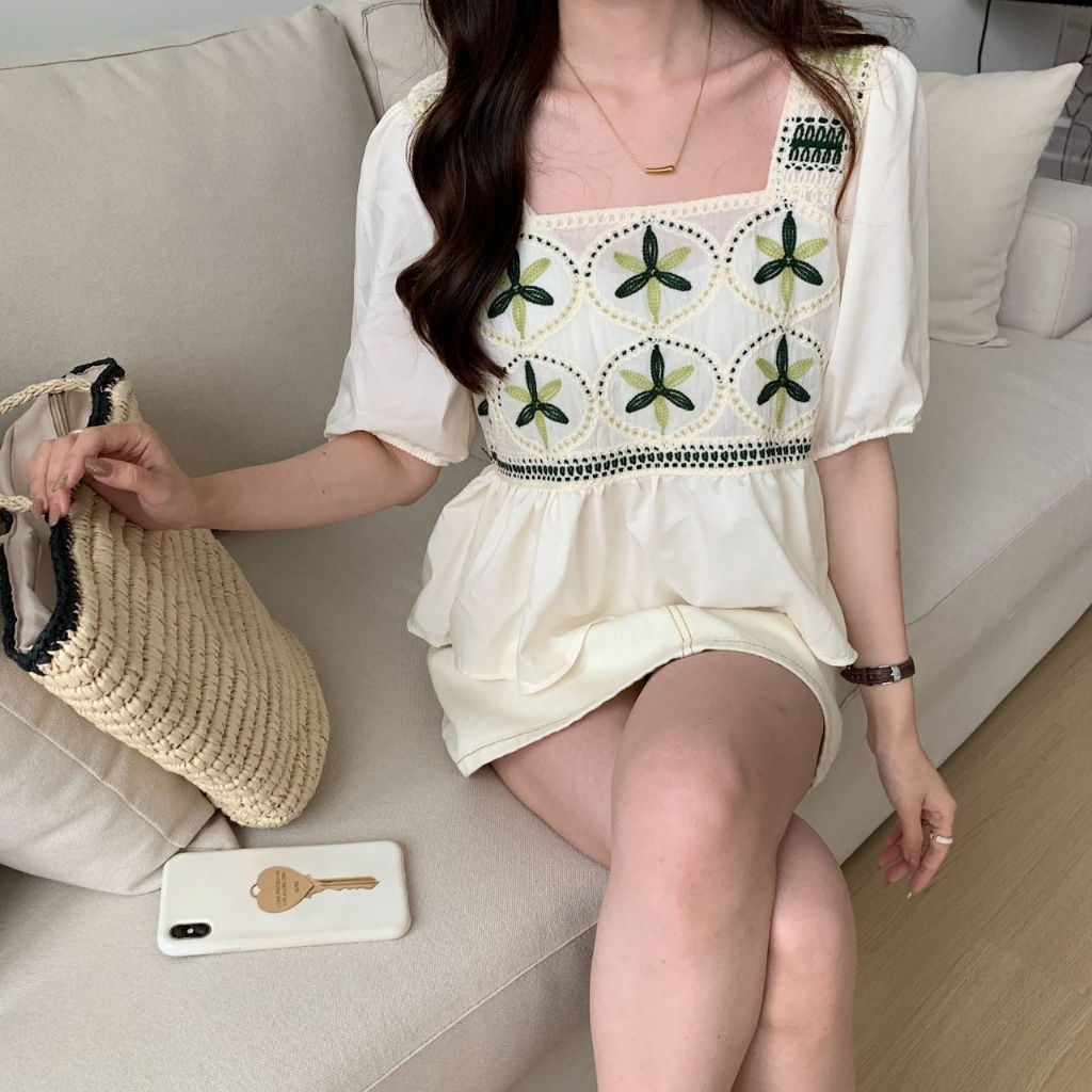 ZHELIHANGFEI Áo Sơ Mi Ngắn Tay Cổ Vuông Phong Cách Pháp Thời Trang Mùa Hè Hàng Mới