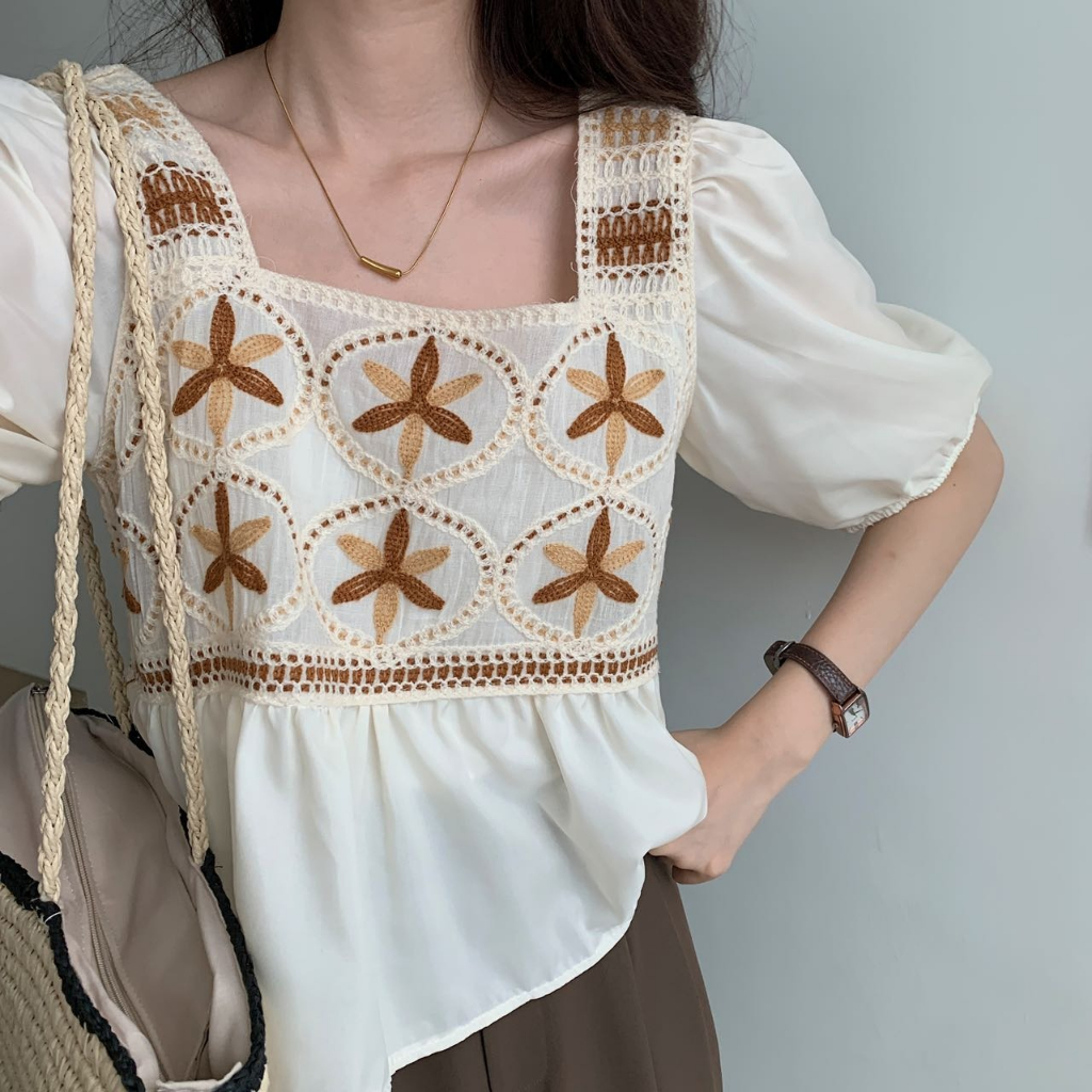 ZHELIHANGFEI Áo Sơ Mi Ngắn Tay Cổ Vuông Phong Cách Pháp Thời Trang Mùa Hè Hàng Mới