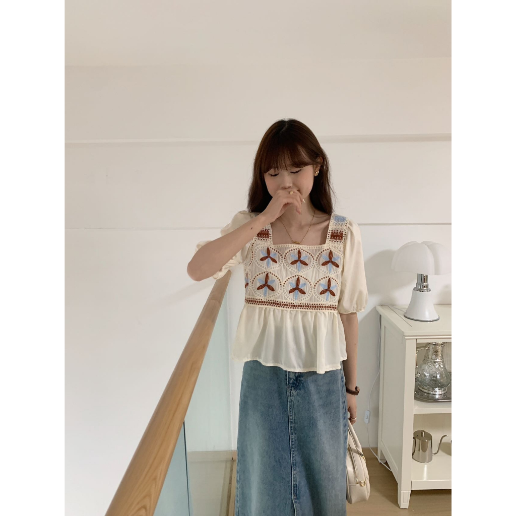 ZHELIHANGFEI Áo Sơ Mi Ngắn Tay Cổ Vuông Phong Cách Pháp Thời Trang Mùa Hè Hàng Mới