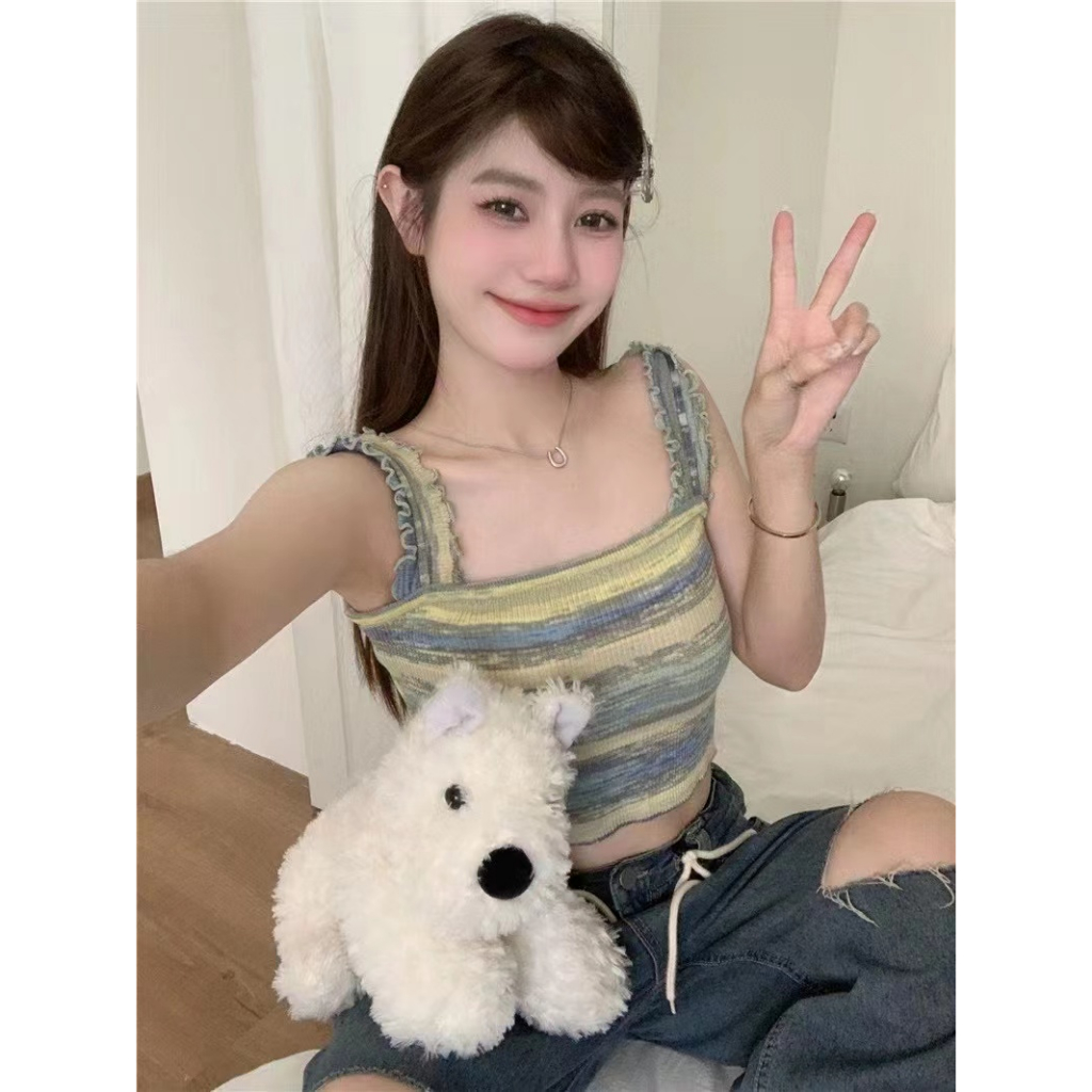 QADCOL Áo Tank Top Hai Dây Dệt Kim Kẻ Sọc Cầu Vồng Thời Trang Mùa Hè Pháp Cho Nữ