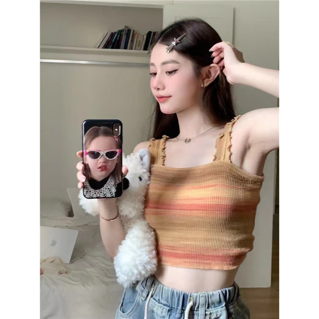 QADCOL Áo Tank Top Hai Dây Dệt Kim Kẻ Sọc Cầu Vồng Thời Trang Mùa Hè Pháp Cho Nữ