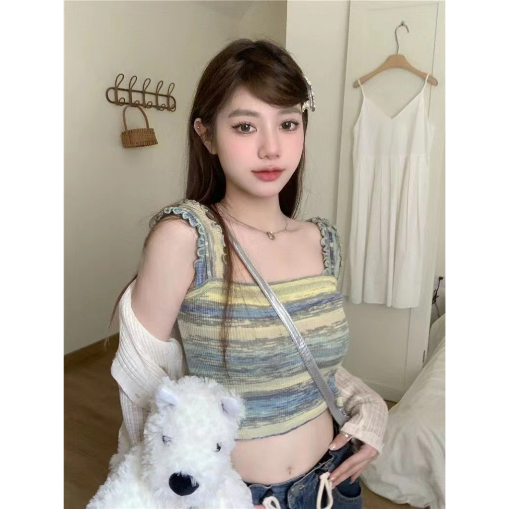 QADCOL Áo Tank Top Hai Dây Dệt Kim Kẻ Sọc Cầu Vồng Thời Trang Mùa Hè Pháp Cho Nữ