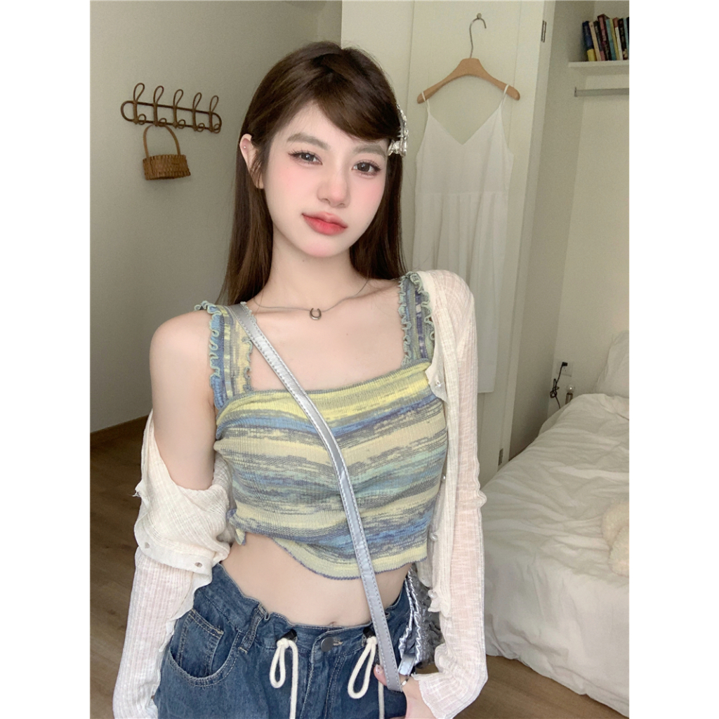 QADCOL Áo Tank Top Hai Dây Dệt Kim Kẻ Sọc Cầu Vồng Thời Trang Mùa Hè Pháp Cho Nữ