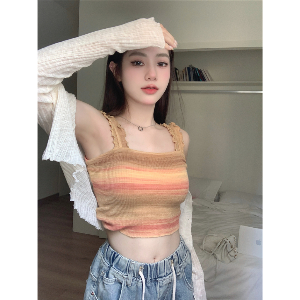 QADCOL Áo Tank Top Hai Dây Dệt Kim Kẻ Sọc Cầu Vồng Thời Trang Mùa Hè Pháp Cho Nữ