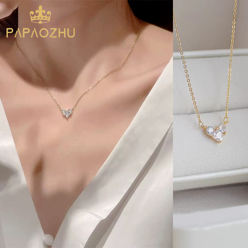 Papaozhu Vòng Cổ Vàng Mặt Trái Tim Đính Đá Zircon Lấp Lánh Thanh Lịch Cho Nữ