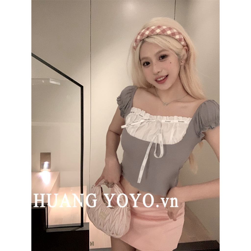 Áo Thun Tay Ngắn Cổ Vuông Cột Dây Phong Cách Hàn Quốc Thời Trang Cho Nữ