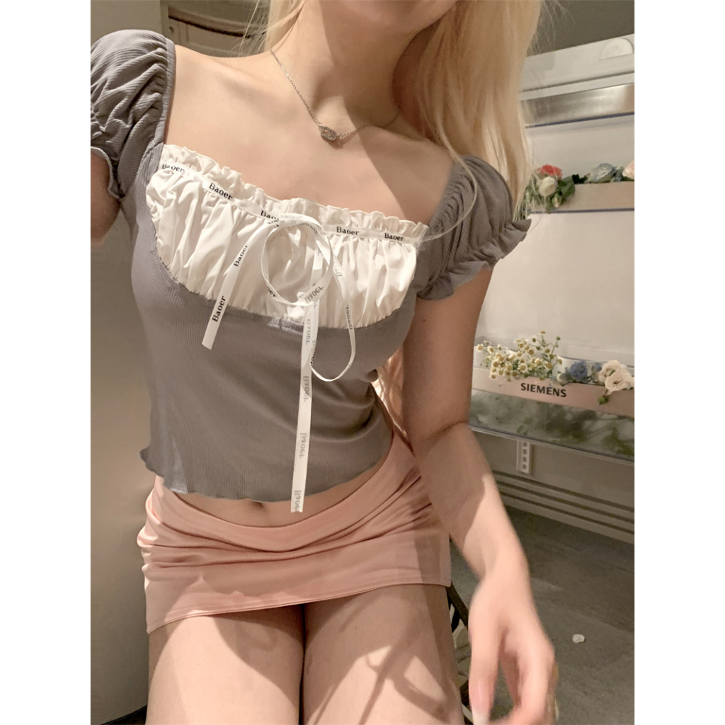 Áo Thun Tay Ngắn Cổ Vuông Cột Dây Phong Cách Hàn Quốc Thời Trang Cho Nữ