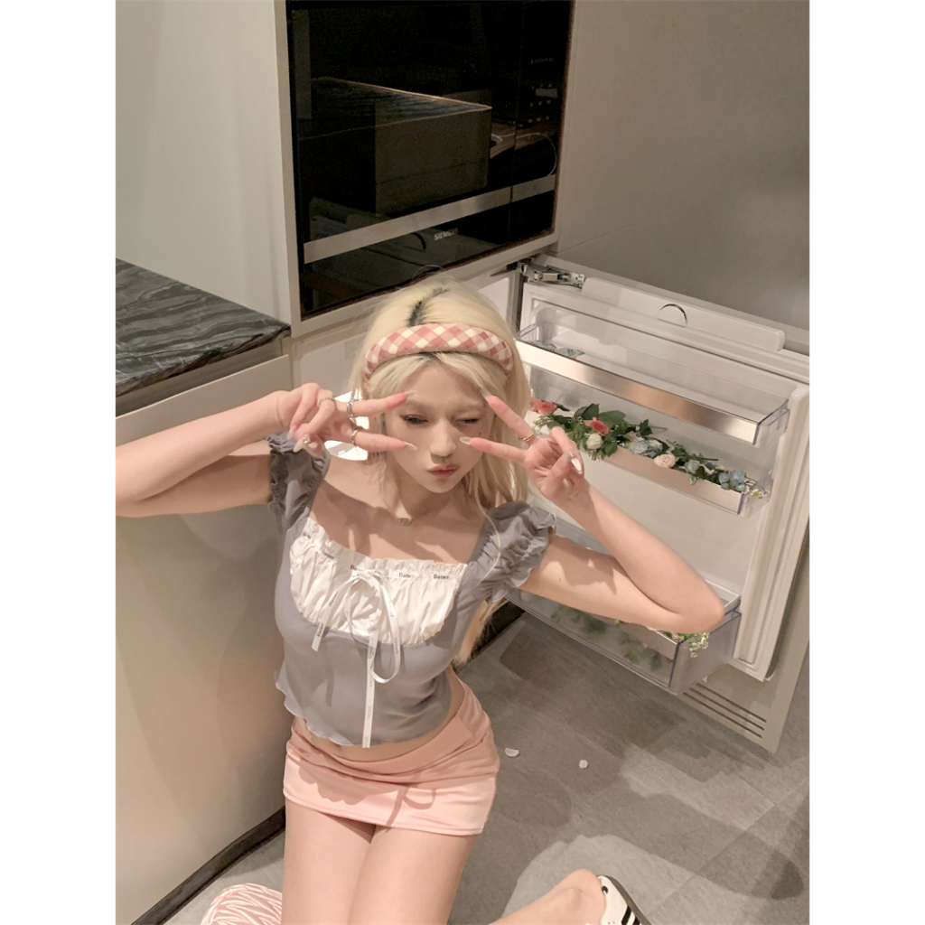 Áo Thun Tay Ngắn Cổ Vuông Cột Dây Phong Cách Hàn Quốc Thời Trang Cho Nữ