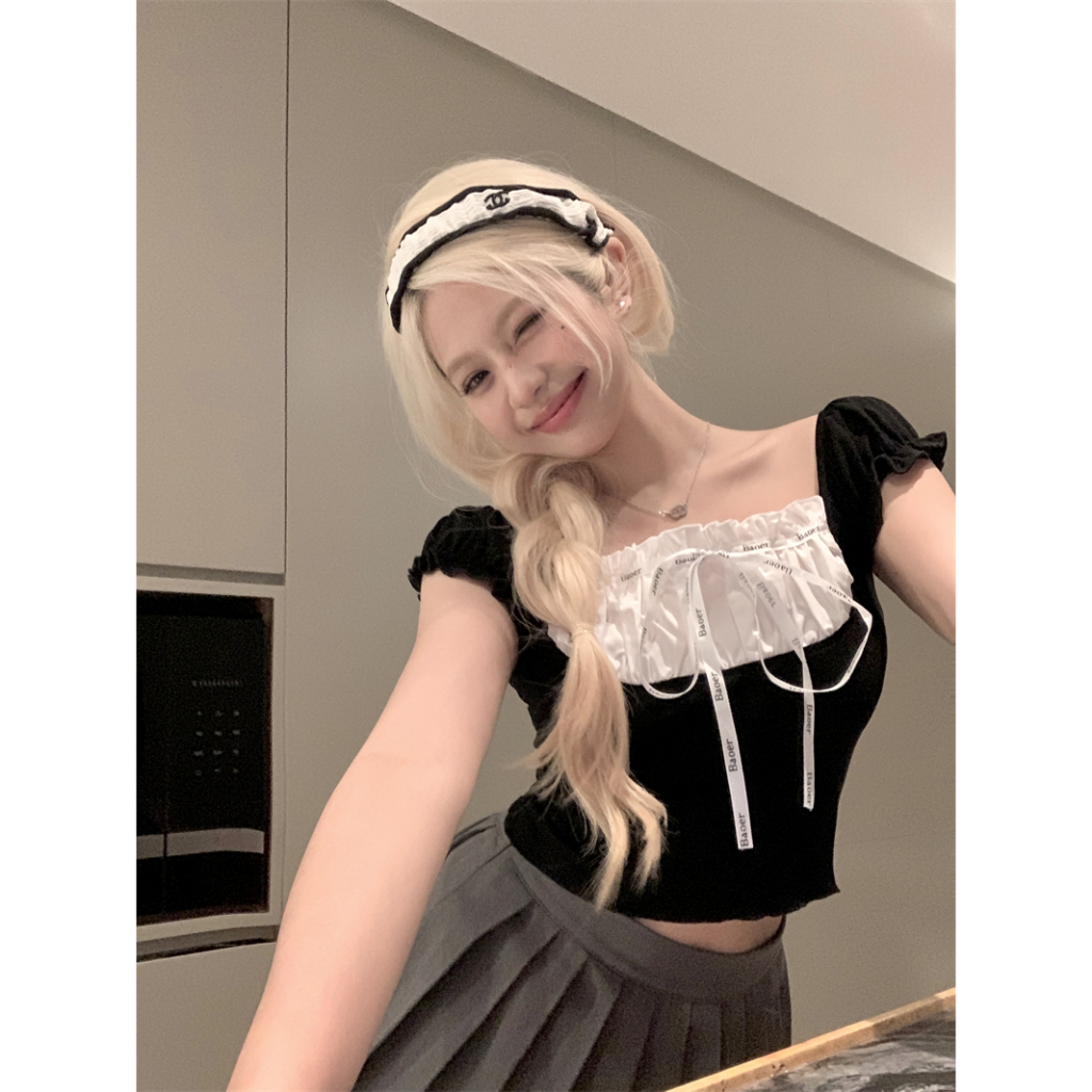 Áo Thun Tay Ngắn Cổ Vuông Cột Dây Phong Cách Hàn Quốc Thời Trang Cho Nữ