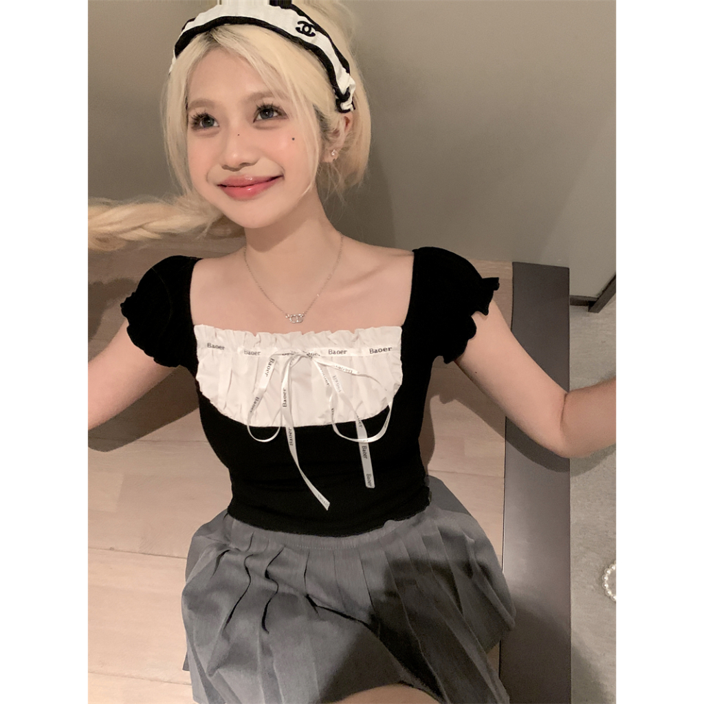 Áo Thun Tay Ngắn Cổ Vuông Cột Dây Phong Cách Hàn Quốc Thời Trang Cho Nữ