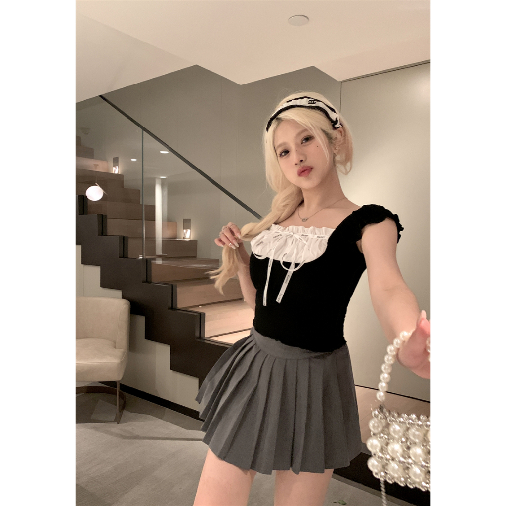 Áo Thun Tay Ngắn Cổ Vuông Cột Dây Phong Cách Hàn Quốc Thời Trang Cho Nữ