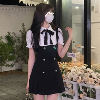 Mùa hè phong cách Hàn Quốc cổ búp bê tay ngắn tay phồng váy hai mảnh giả dành cho nữ