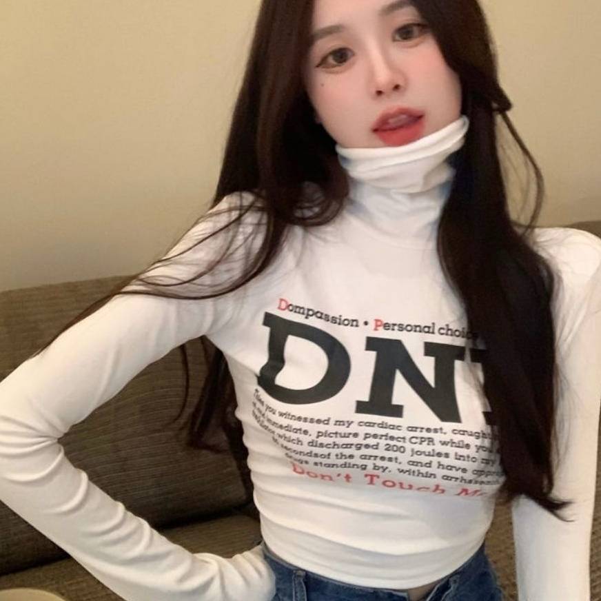 Jiashucheng Áo Thun Tay Dài Cổ Cao Phong Cách Phương Tây Thời Trang Thu Đông Ấm Áp Dễ Phối Đồ Cho Nữ @ -