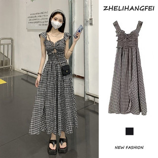 ZHELIHANGFEI Đầm Hai Dây Đính Nơ Họa Tiết Sọc Caro Xinh Xắn Thời Trang Cho Nữ