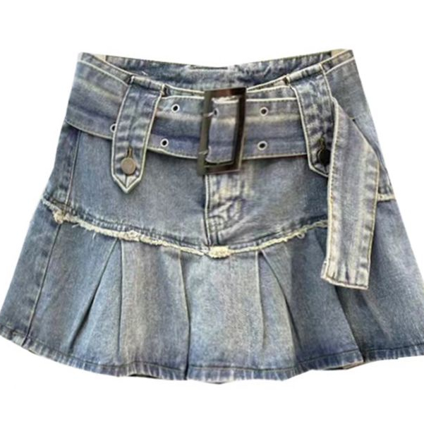 Jiashucheng Chân Váy Denim Chữ A Lưng Cao Xếp Ly Thời Trang Mùa Hè Hàng Mới Dành Cho Bạn Nữ