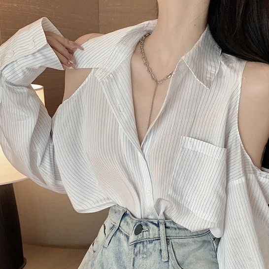 Áo Sơ Mi Dài Tay Trễ Vai Họa Tiết Sọc Thời Trang Dành Cho Nữ