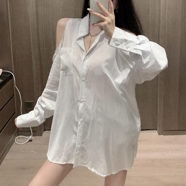 Áo Sơ Mi Dài Tay Trễ Vai Họa Tiết Sọc Thời Trang Dành Cho Nữ