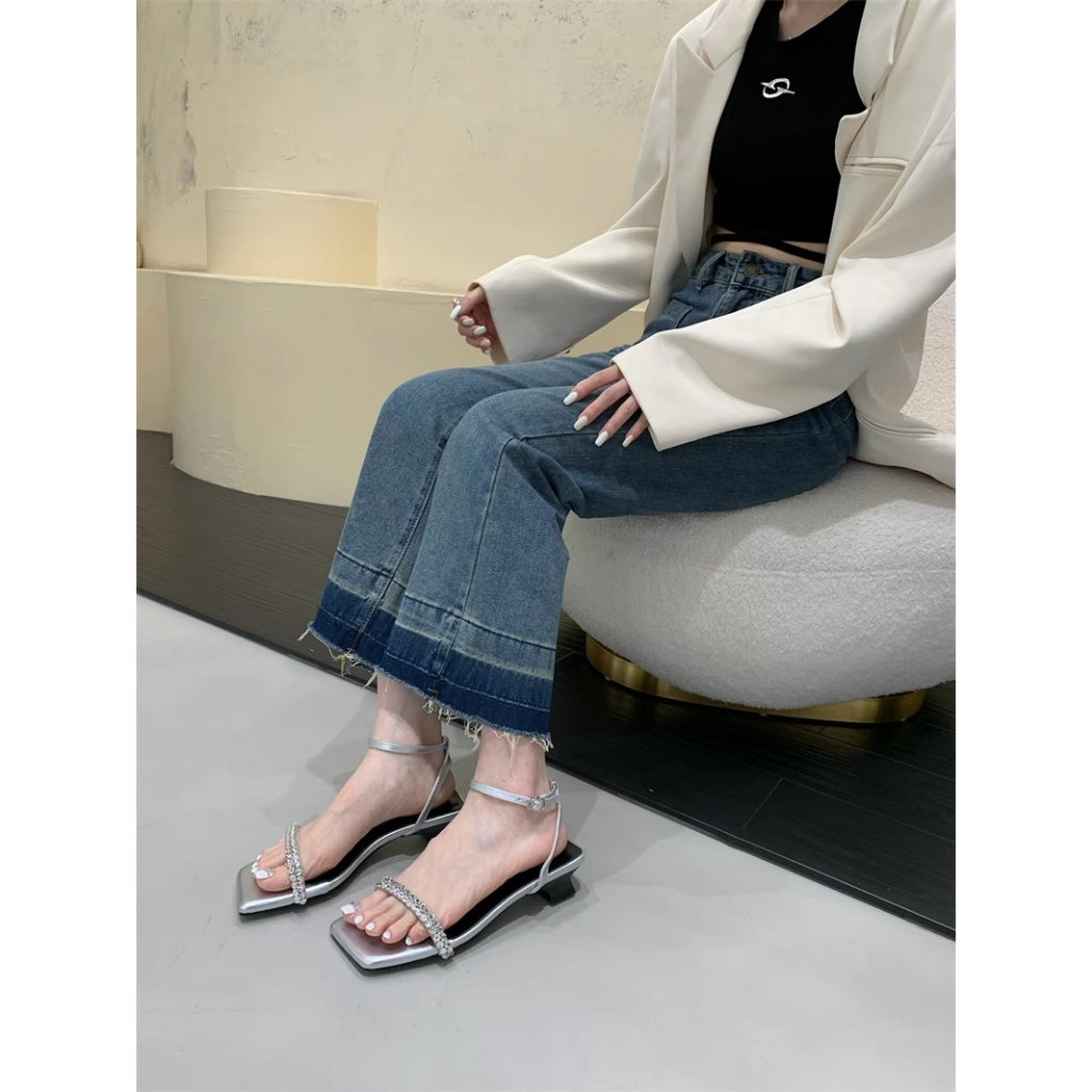 Ali Lovers Niche Giày Sandal Dây Bạc Đính Đá Thời Trang Mùa Hè Quyến Rũ Dành Cho Nữ