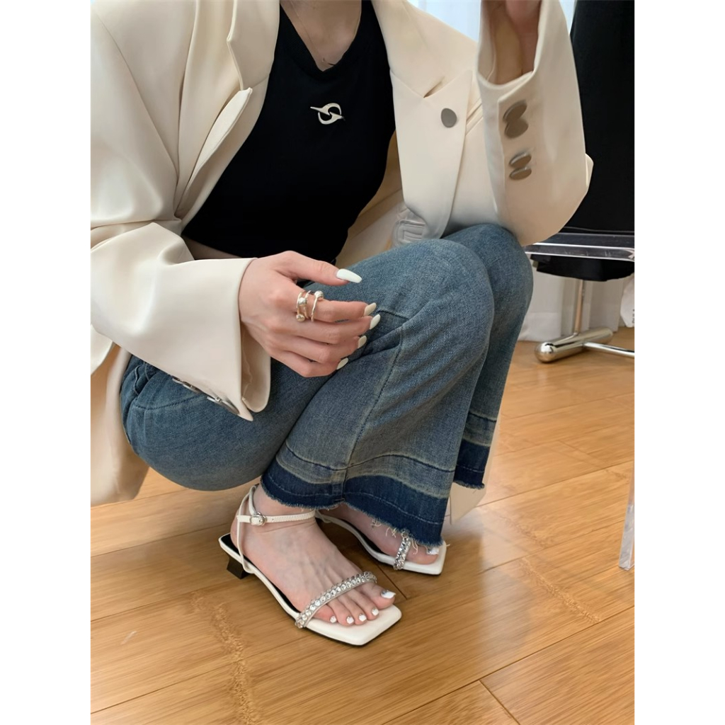 Ali Lovers Niche Giày Sandal Dây Bạc Đính Đá Thời Trang Mùa Hè Quyến Rũ Dành Cho Nữ