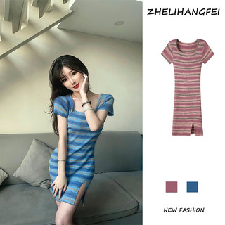 ZHELIHANGFEI Đầm Tay Ngắn Cổ Vuông Dáng Ôm Thời Trang Quyến Rũ Cho Nữ
