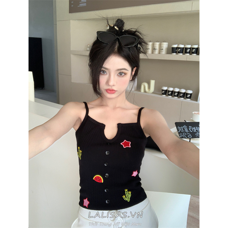 Áo Hai Dây Dáng Ngắn Form Ôm In Họa Tiết Cho Nữ