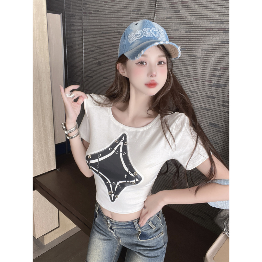 Áo Croptop Tay Ngắn Cổ Tròn Dáng Ôm Thiết Kế Hình Gia Vị Mỹ LALISAS