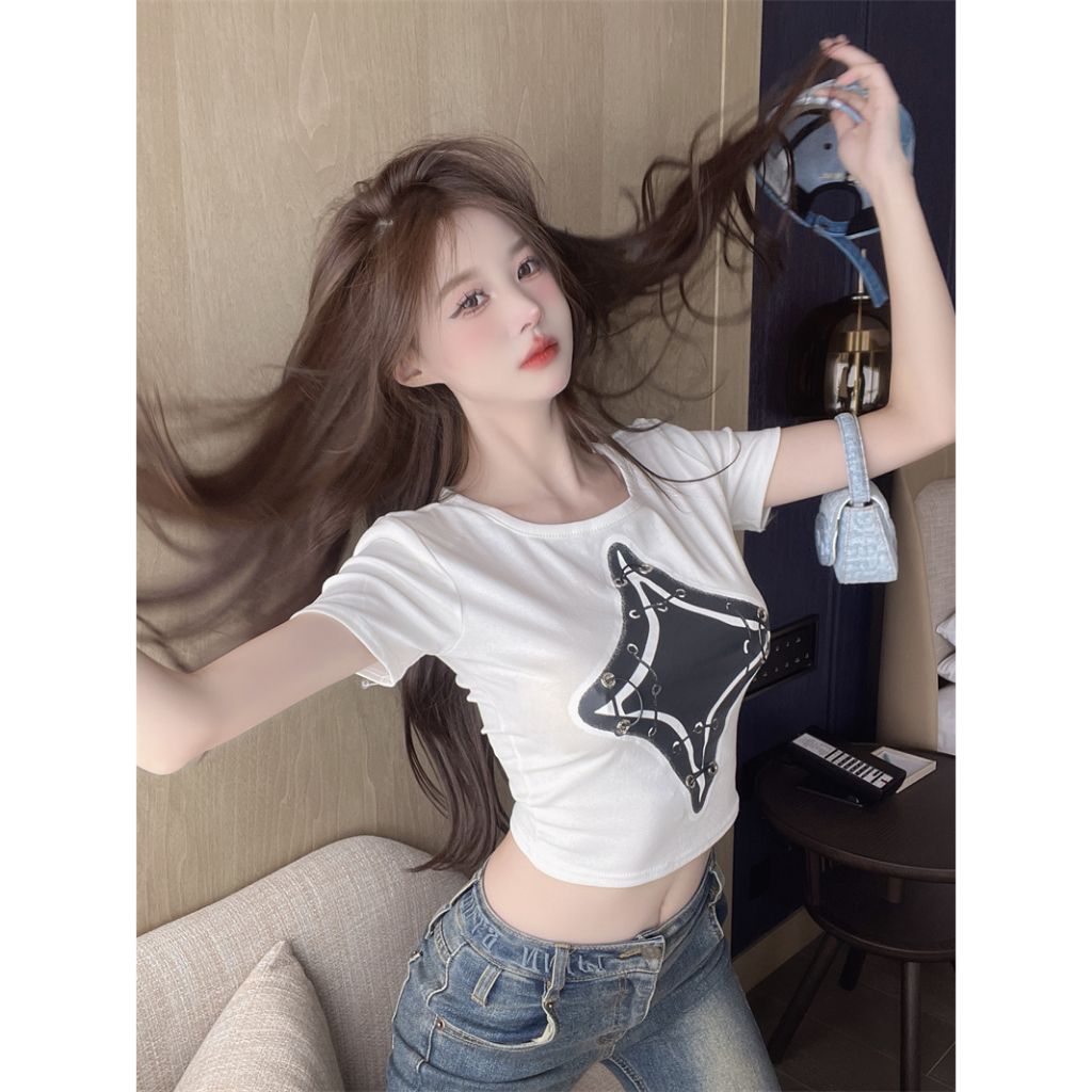 Áo Croptop Tay Ngắn Cổ Tròn Dáng Ôm Thiết Kế Hình Gia Vị Mỹ LALISAS