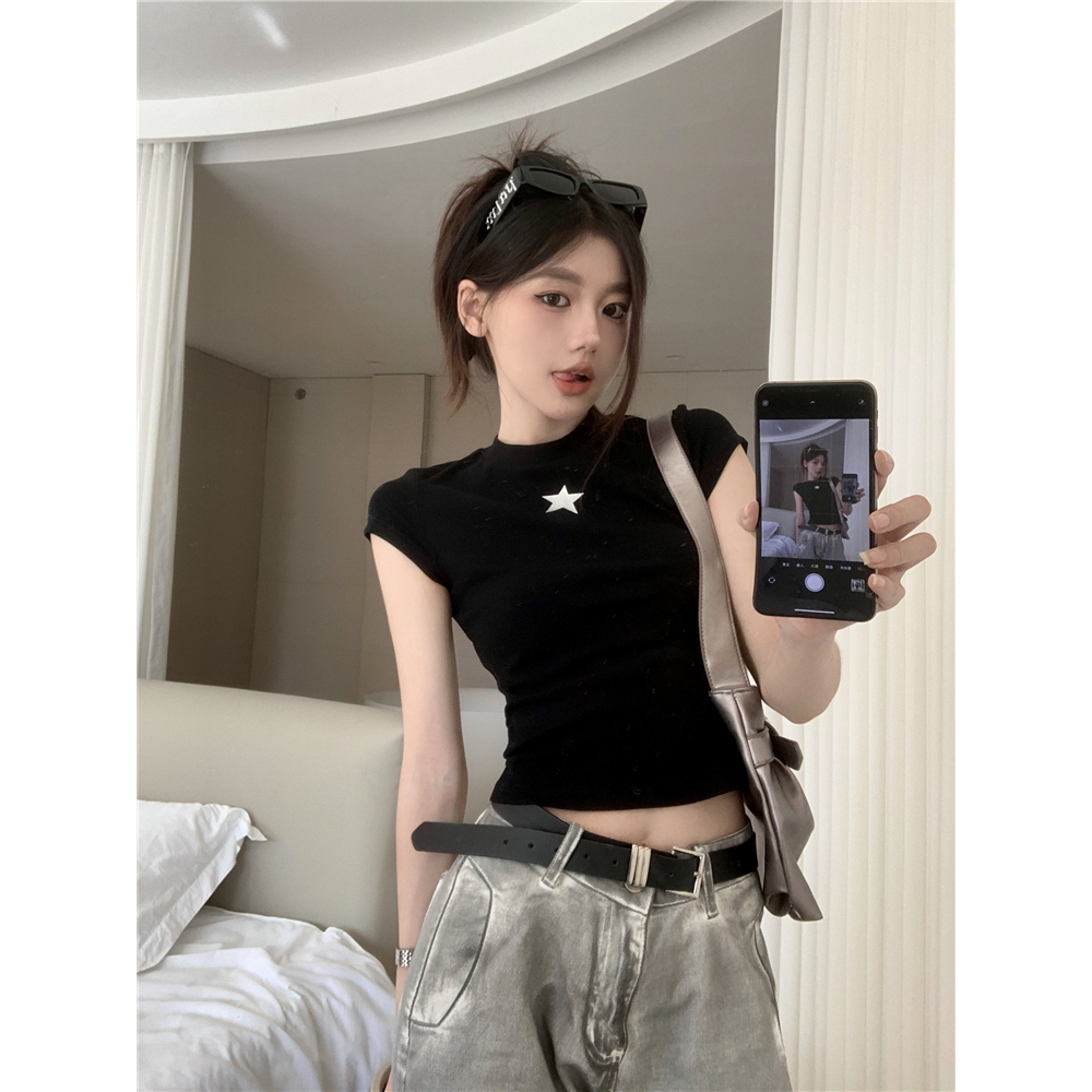 Lalisas Áo Thun Tay Ngắn Dáng Ôm In Họa Tiết Ngôi Sao Gia Vị Mỹ Cho Nữ