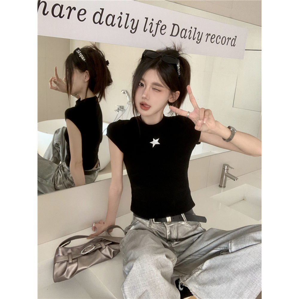 Lalisas Áo Thun Tay Ngắn Dáng Ôm In Họa Tiết Ngôi Sao Gia Vị Mỹ Cho Nữ