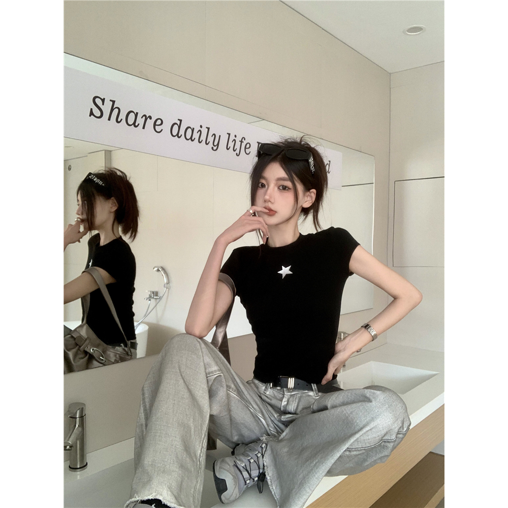 Lalisas Áo Thun Tay Ngắn Dáng Ôm In Họa Tiết Ngôi Sao Gia Vị Mỹ Cho Nữ