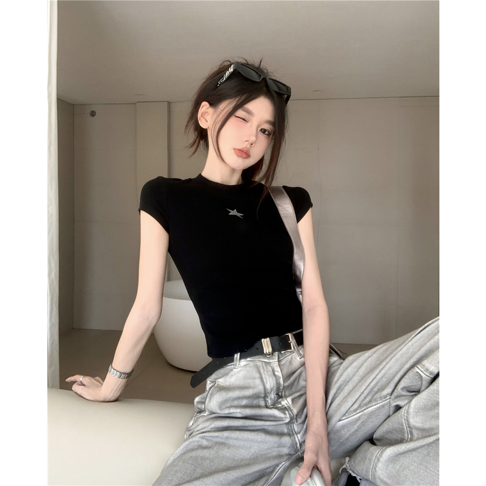 Lalisas Áo Thun Tay Ngắn Dáng Ôm In Họa Tiết Ngôi Sao Gia Vị Mỹ Cho Nữ