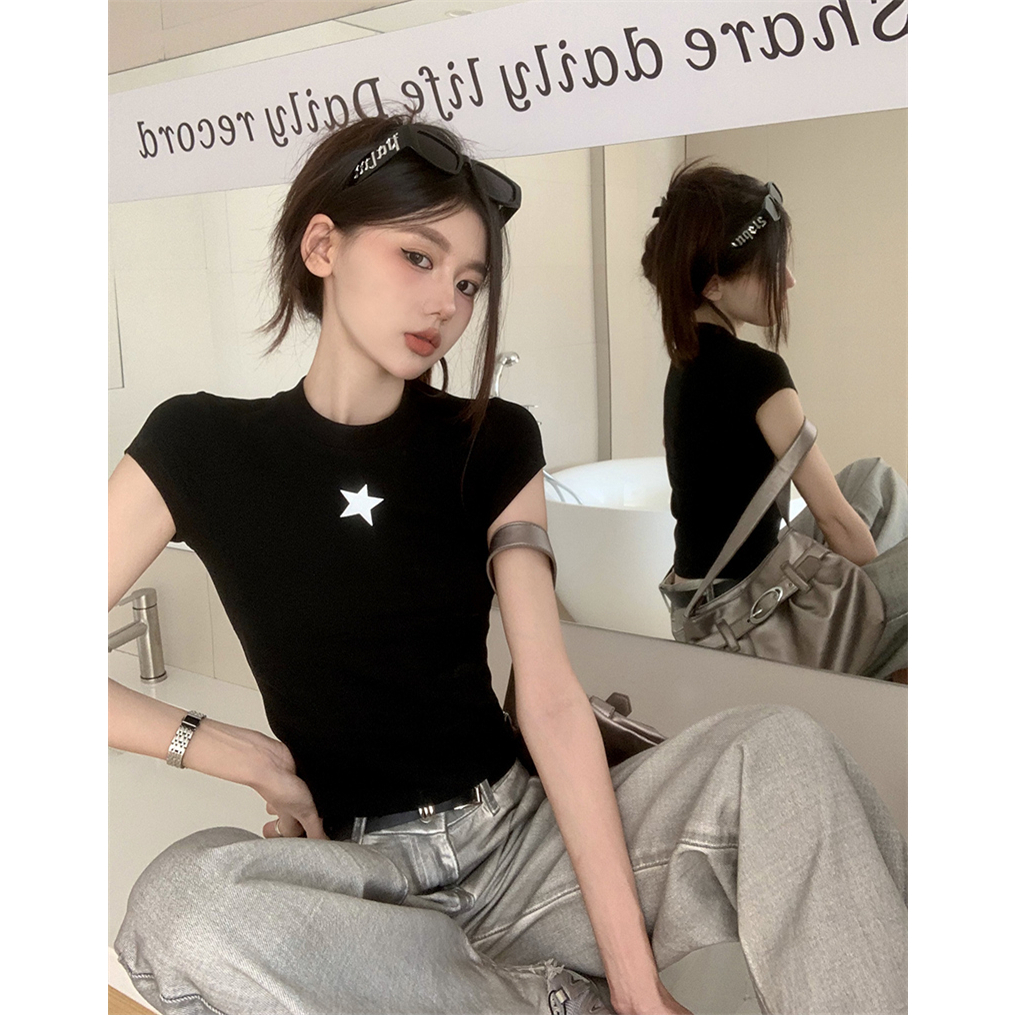 Lalisas Áo Thun Tay Ngắn Dáng Ôm In Họa Tiết Ngôi Sao Gia Vị Mỹ Cho Nữ