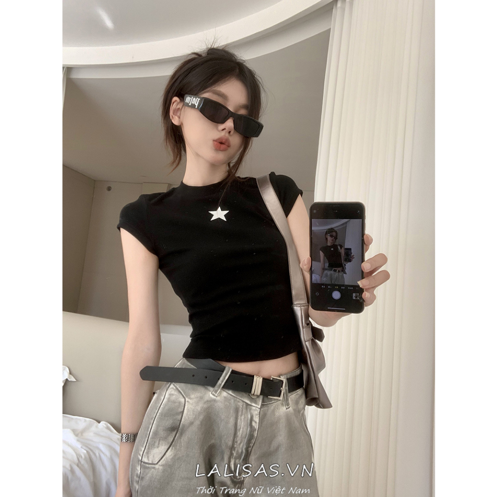 Lalisas Áo Thun Tay Ngắn Dáng Ôm In Họa Tiết Ngôi Sao Gia Vị Mỹ Cho Nữ