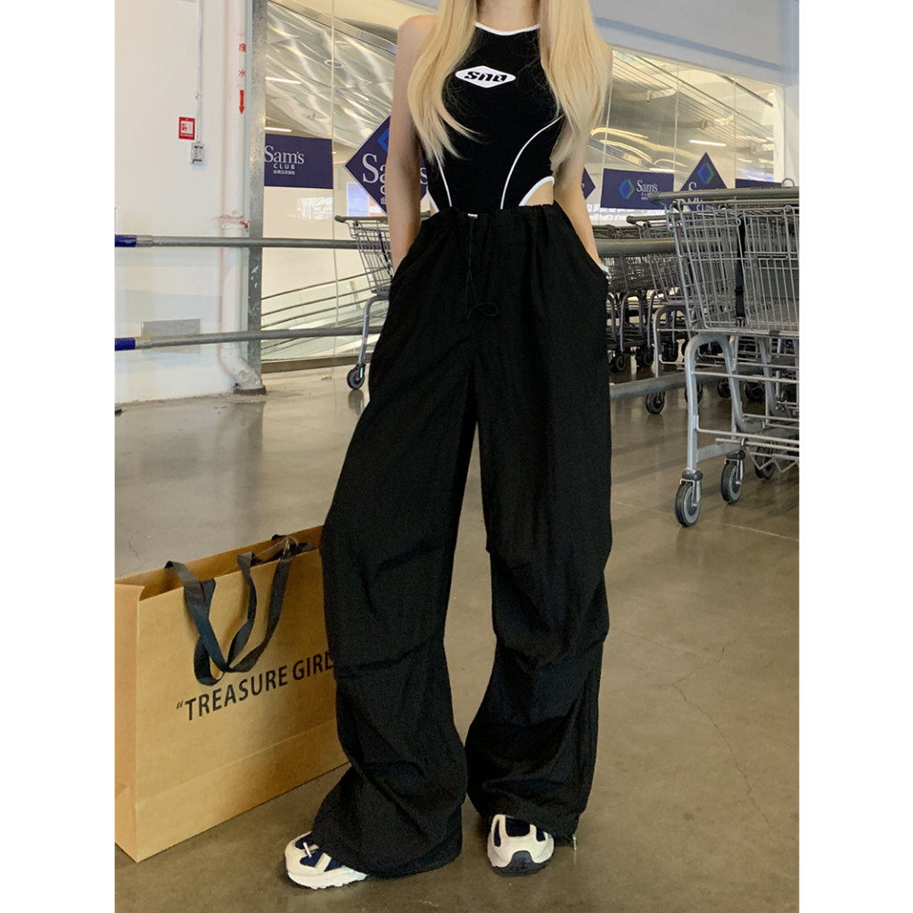 Lalisas Quần Dài Ống Rộng Lưng Cao Phối Dây Rút Thời Trang Mỹ Cho Nữ