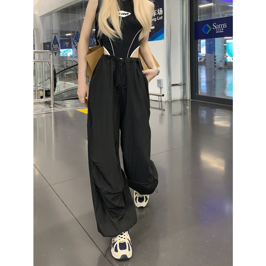 Lalisas Quần Dài Ống Rộng Lưng Cao Phối Dây Rút Thời Trang Mỹ Cho Nữ