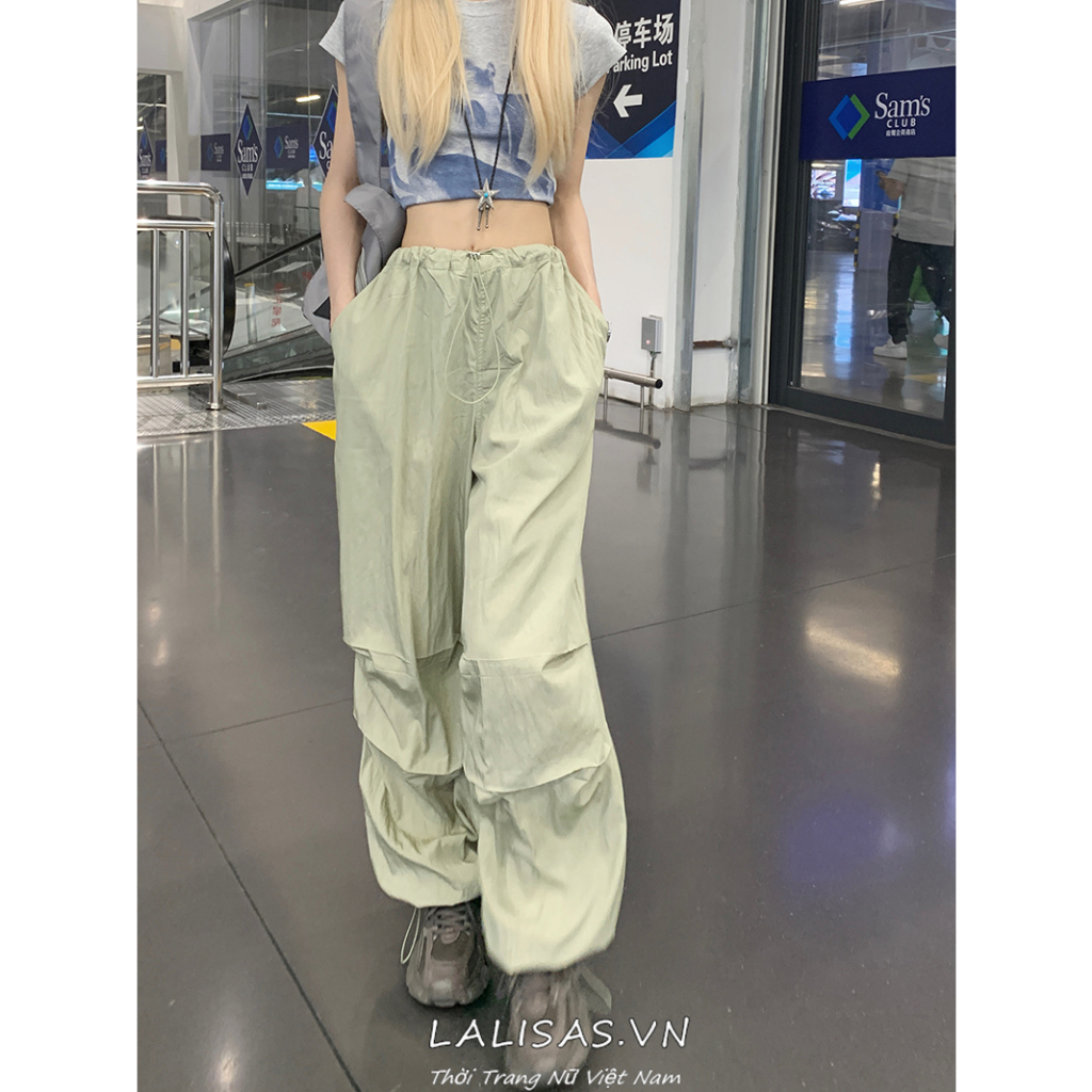 Lalisas Quần Dài Ống Rộng Lưng Cao Phối Dây Rút Thời Trang Mỹ Cho Nữ
