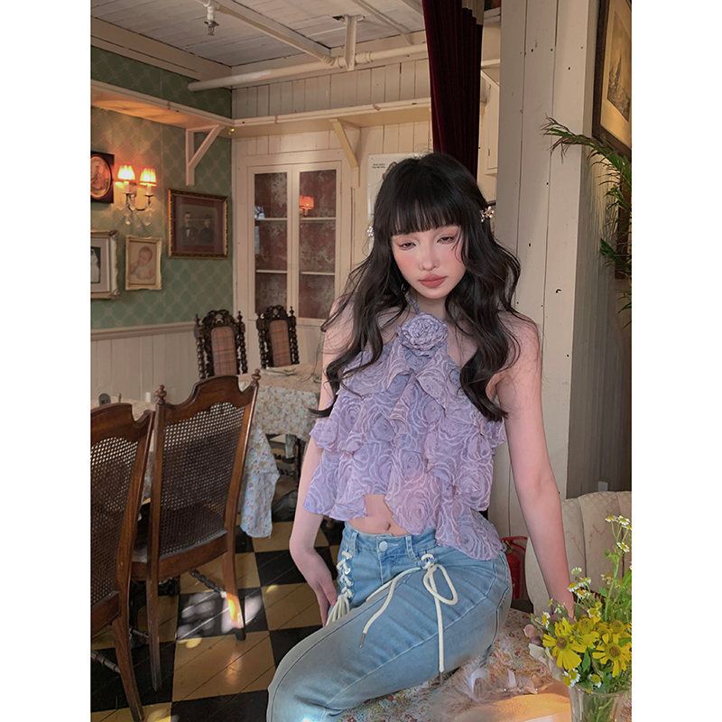 Lalisas Áo Croptop Hai Dây Viền Lá Sen Phong Cách Ngọt Ngào Quyến Rũ Cho Nữ