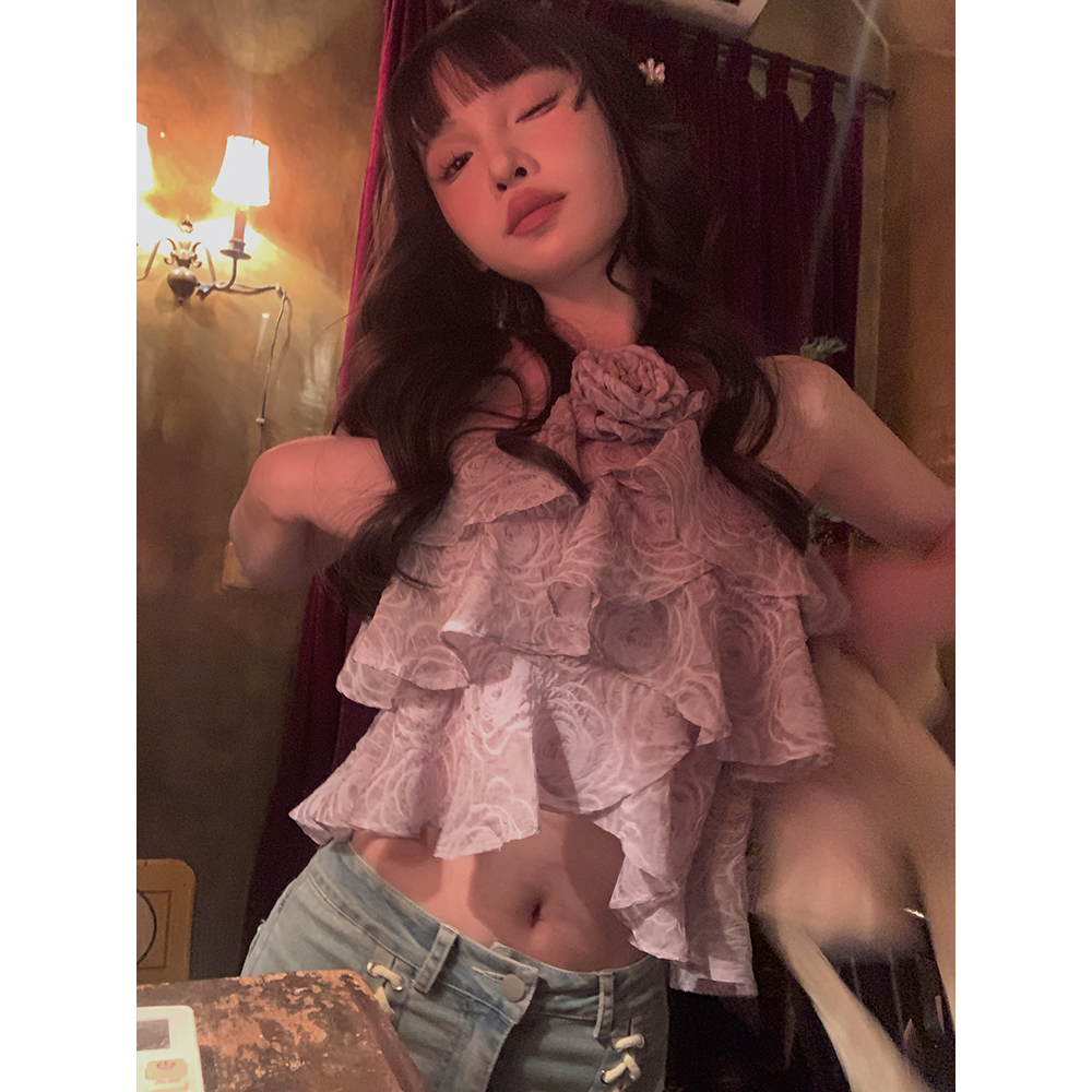 Lalisas Áo Croptop Hai Dây Viền Lá Sen Phong Cách Ngọt Ngào Quyến Rũ Cho Nữ