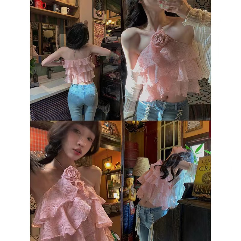 Lalisas Áo Croptop Hai Dây Viền Lá Sen Phong Cách Ngọt Ngào Quyến Rũ Cho Nữ